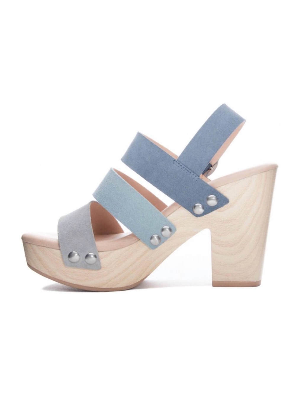 CHINESE LAUNDRY ~ Multi-Color Blue Suede Wooden Platform Sandals size 7.5